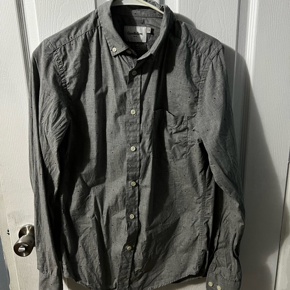 Grey button up shirt with polka dots